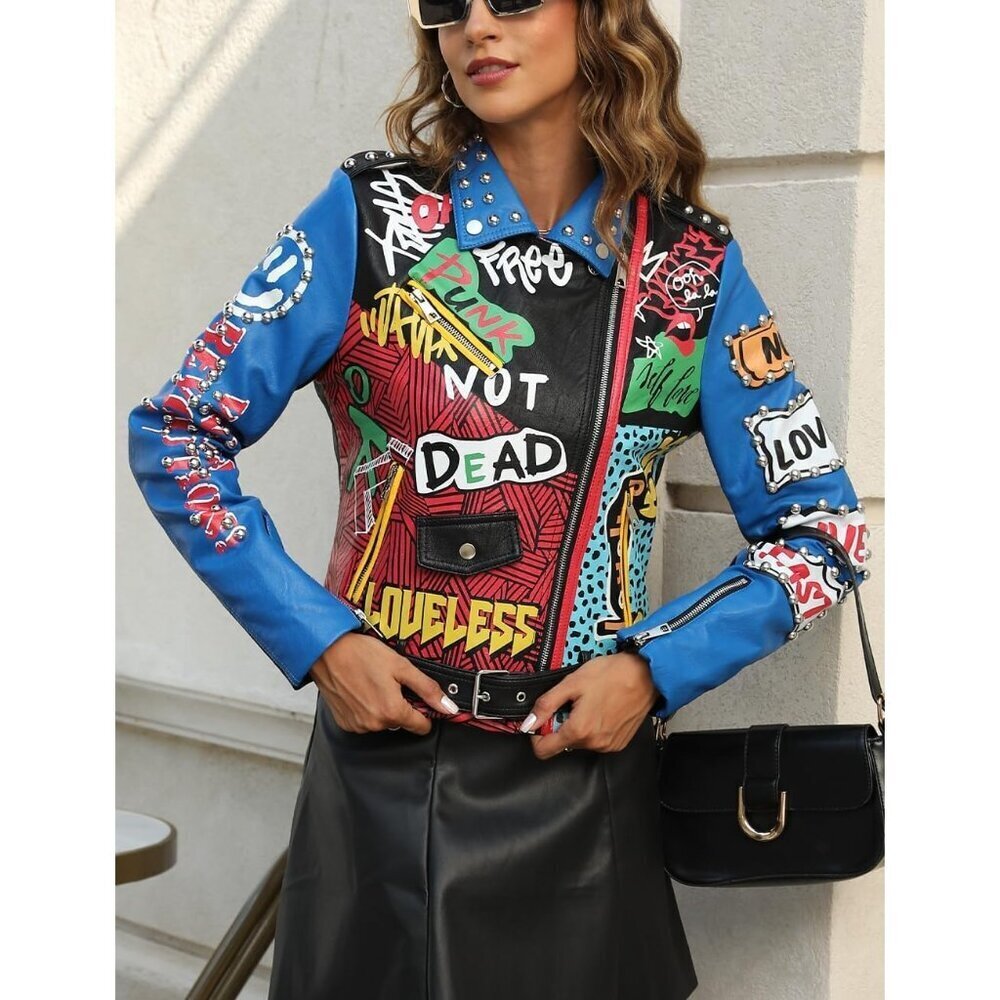 Women Blue Studded Rivet Floral Biker Short Lapel Coat Leather Jacket - Picture 5 of 6